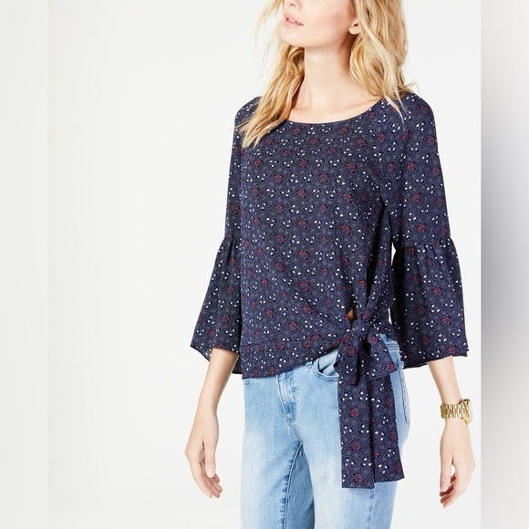Michael Kors Navy Blue Floral Patterned Tie Front 3/4 Bell Sleeve Blouse Size XS - Picture 2 of 11